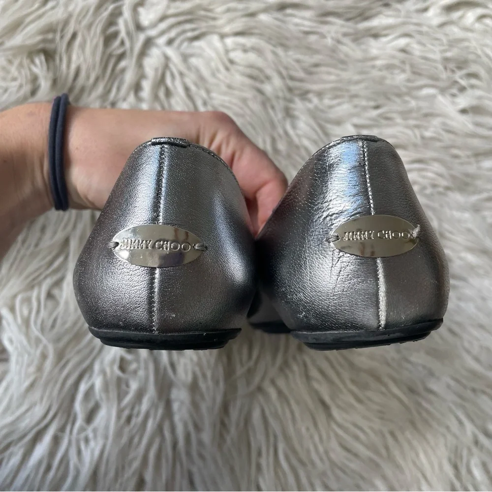 Jimmy Choo Watson Silver Metallic Calf Leather Studded Accents Ballet Flats 37